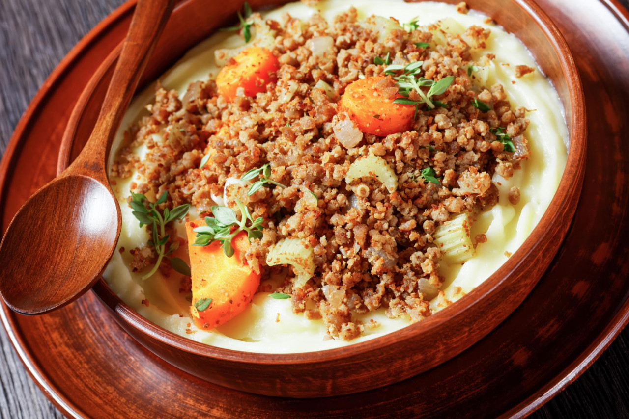 mince tatties stewed ground beef with carrots celery herbs served with potato mash horizontal view from closeup scotland cuisine