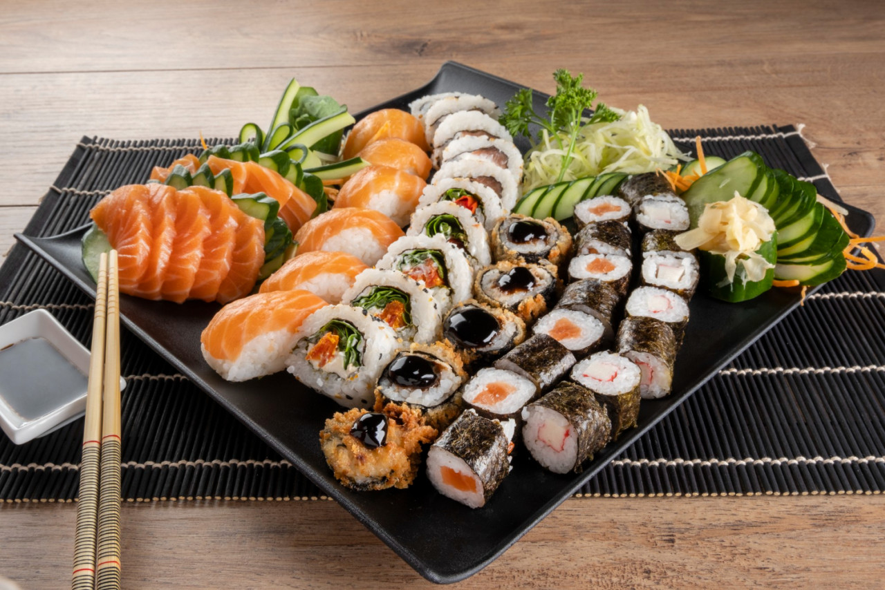 mixed sushi roll salmon sashimi