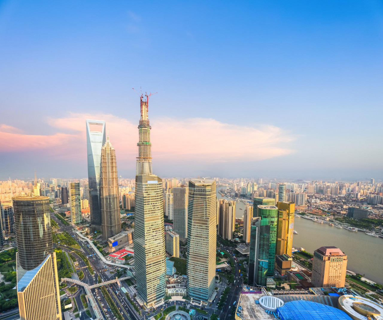 modern city skyline aerial view shanghai financial center duskxa