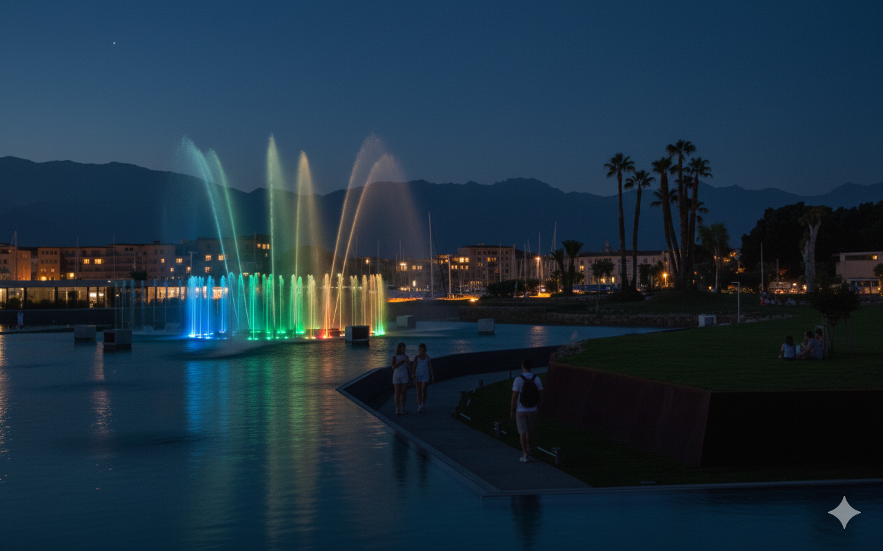 molo trapezoidale fontana illuminata sera