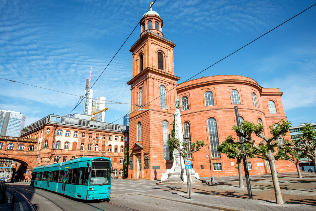 morning view pauls church with tram old town frankfurt city germany