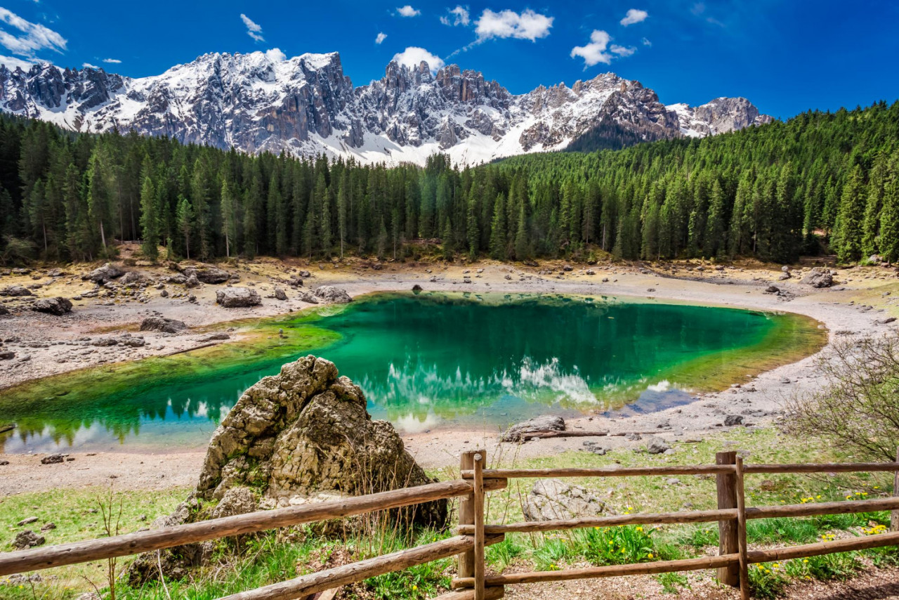 mountain carezza lake spring dolomites italy europe