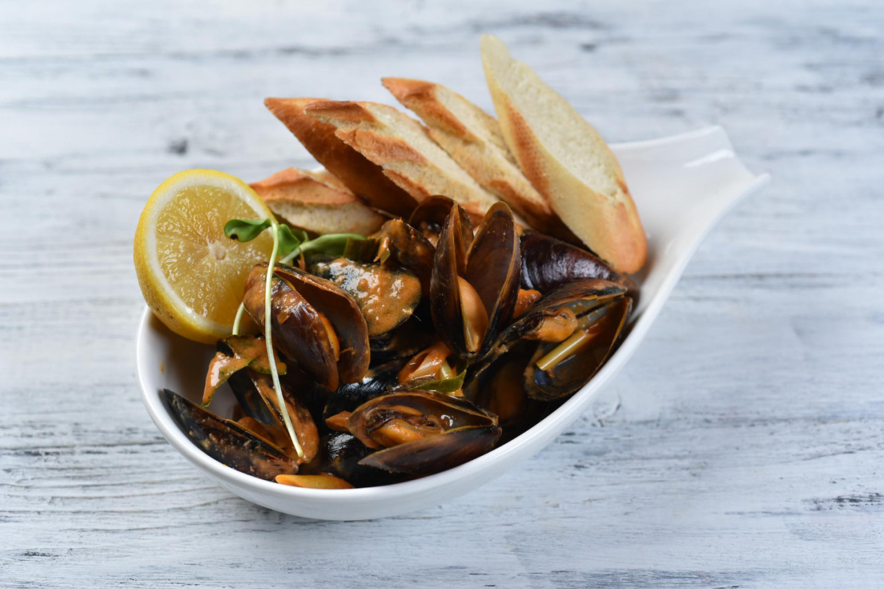 mussels with croutons mussel dish grilled seafood top view