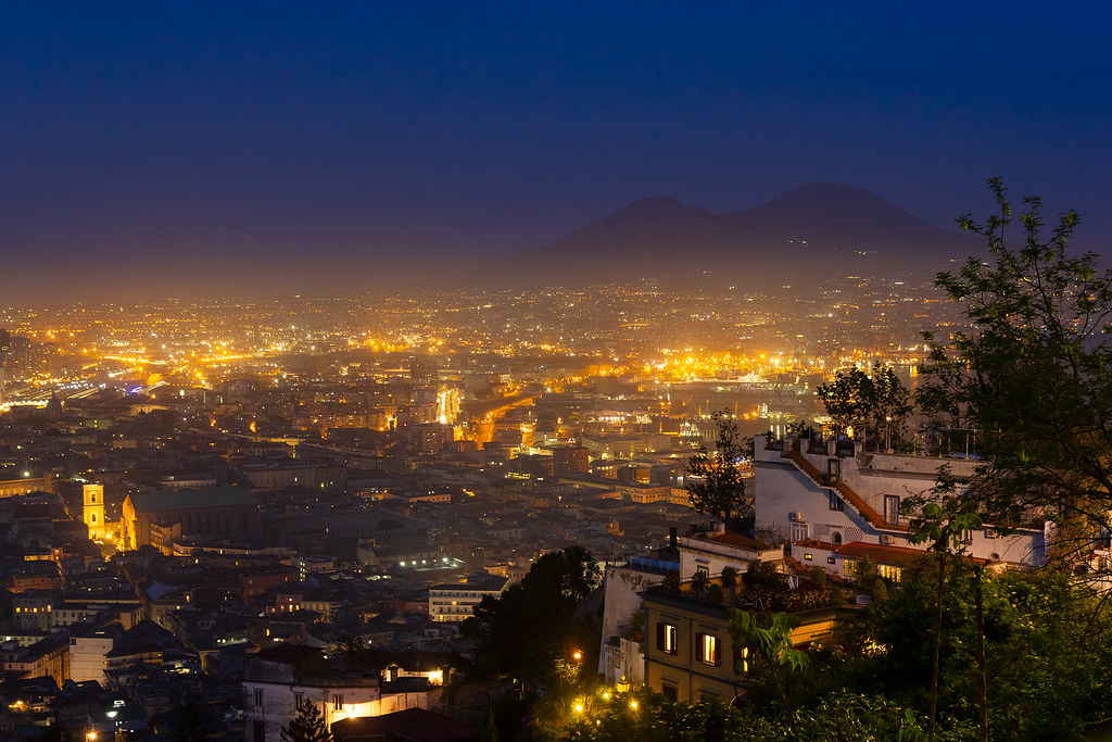 naples and mount vesuvius at night