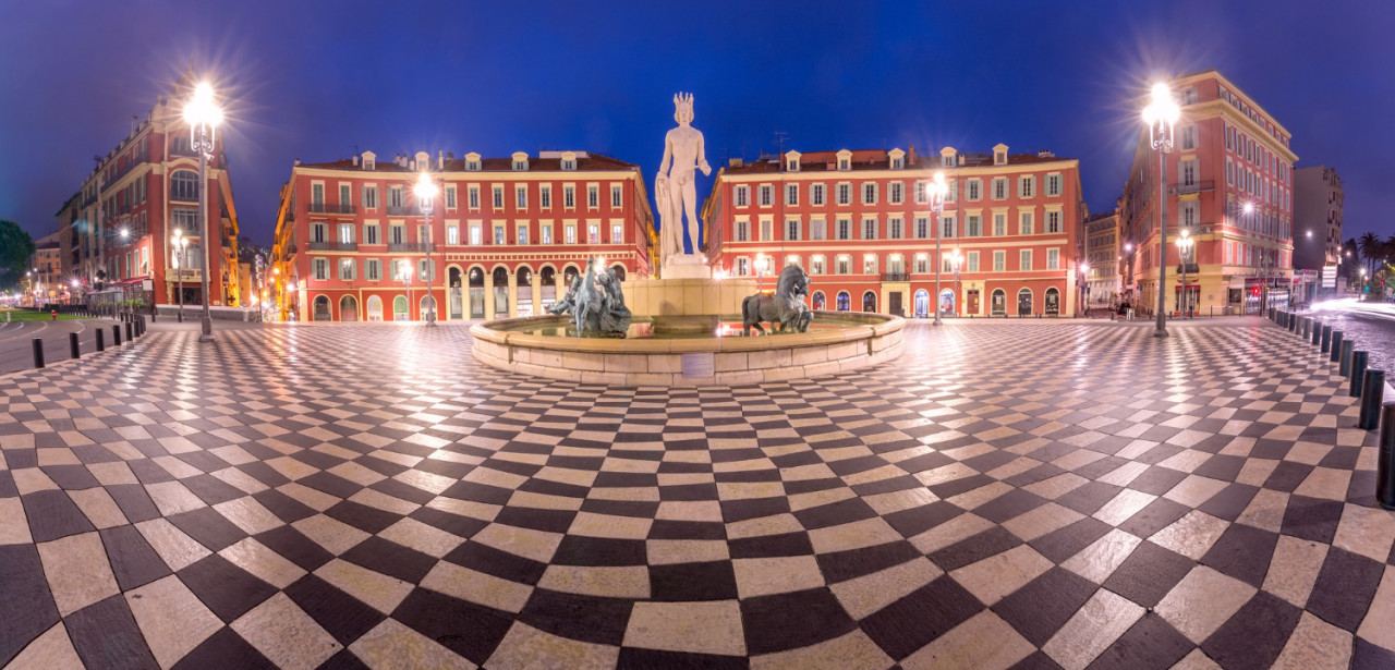 panoramic view beautiful square place massena with fountain du soleil night nice french riviera cote d azur france