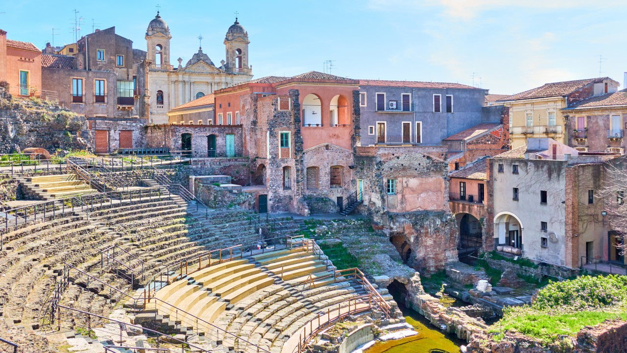 panoramic view catania with ancient roman theater sicily italy