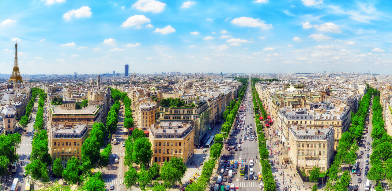 paris france july 06 2016 beautiful panoramic view paris from roof triumphal arch champs elysees eiffel tower