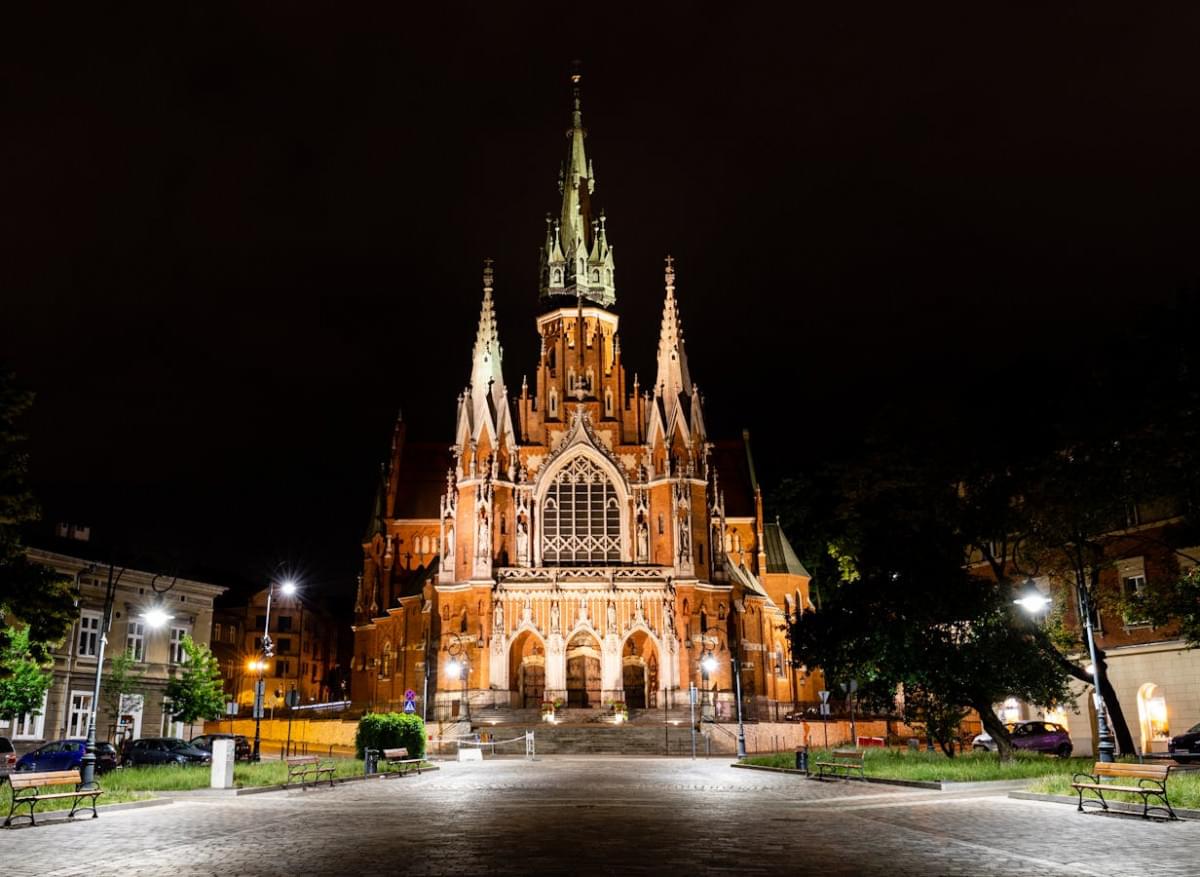 photo of a church at night time