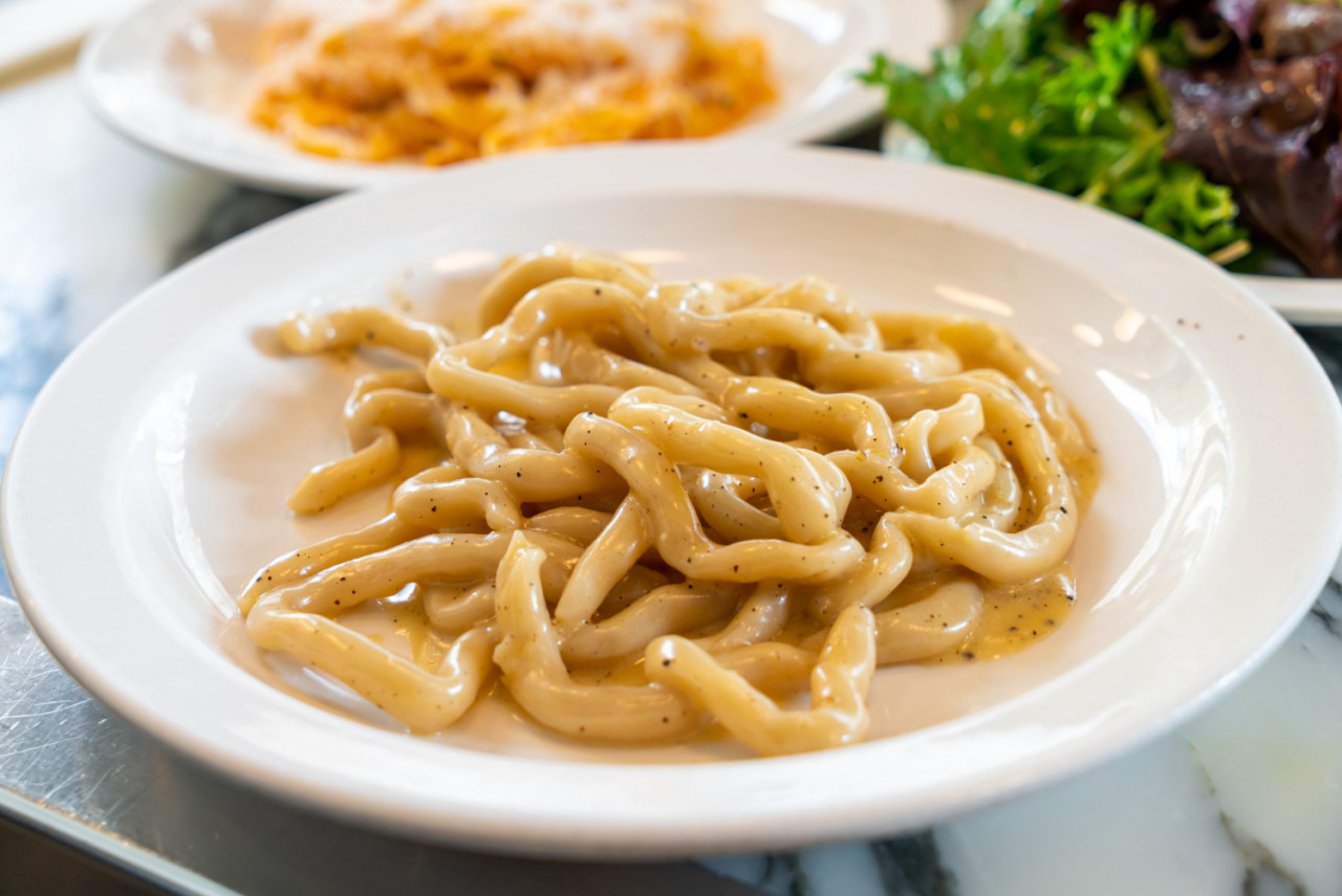 pici pasta with marjoram lemon garlic parmesan cheese