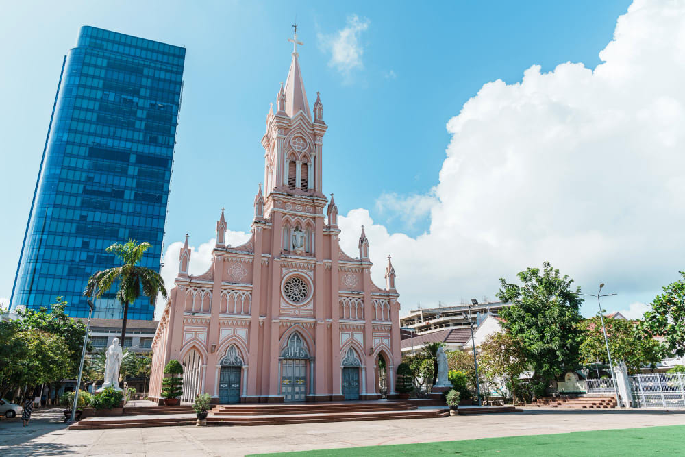 pink da nang cathedral church landmark popular tourist attraction vietnam southeast asia travel concept