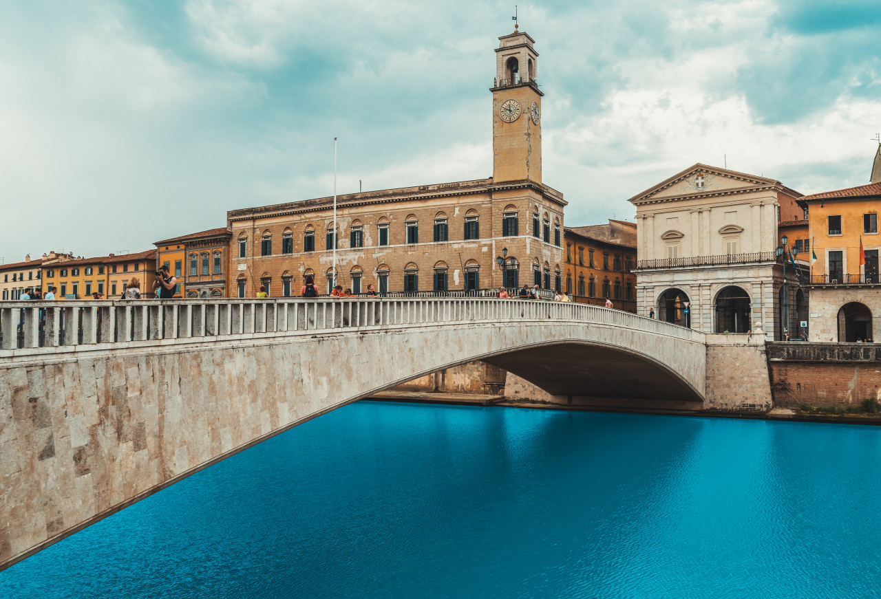 pisa cityscape with arno river ponte di mezzo bridge italy