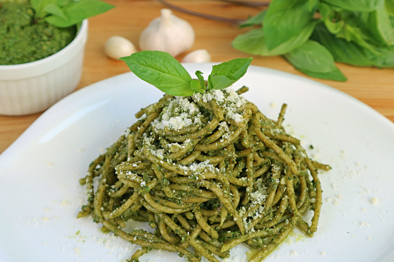plate delicious homemade pesto sauce wholemeal spaghetti with fresh ingredients background
