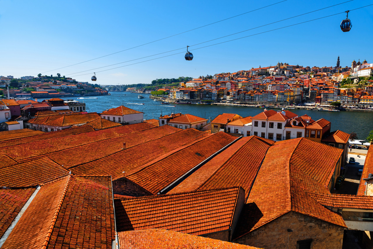 porto portugal old town skyline with orange rooftops from vila nova de gaia douro river