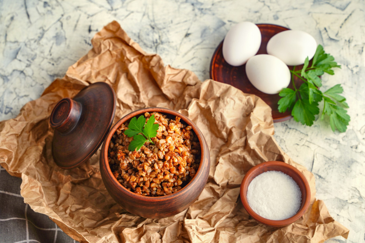 protein rich food healthy breakfast healthy food concept diet buckwheat porridge pot boiled eggs