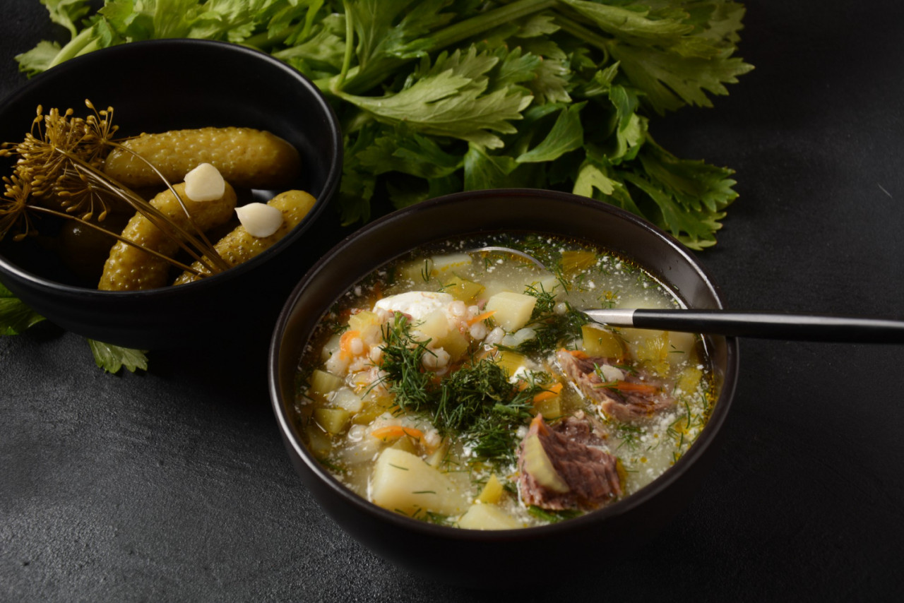 rassolnik soup with beef meat pickled cucumbers pearl barley