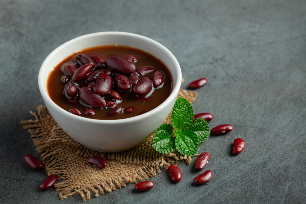 red bean boiled white bowl place dark floor