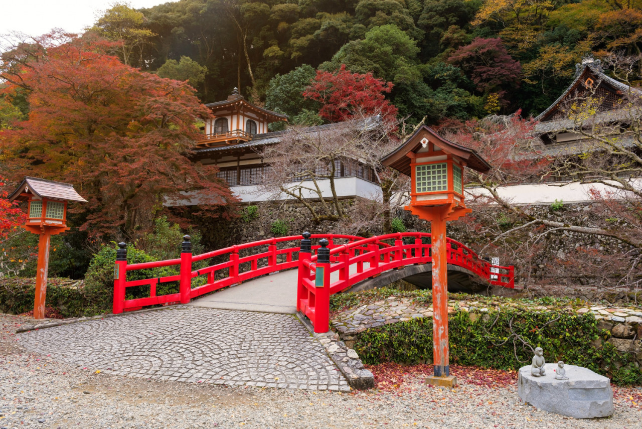 red bridge with autumn foliage colors minoo takianji temple osaka japan