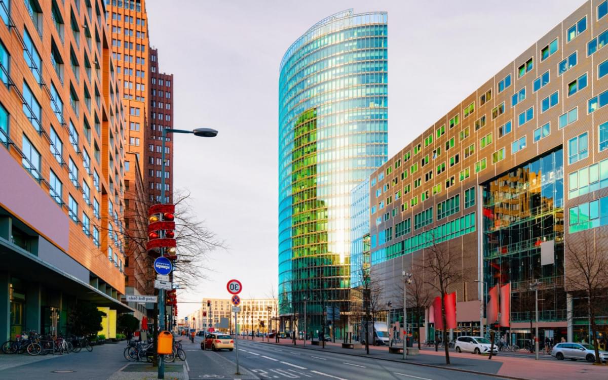 road with modern building architecture potsdamer platz square city centre berlin germany europe building architecture details