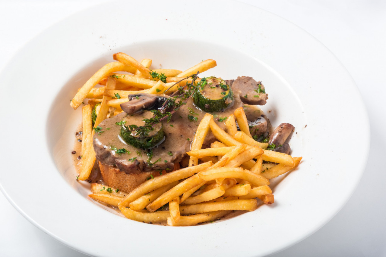 roast pork toast with mushrooms sauce french fries