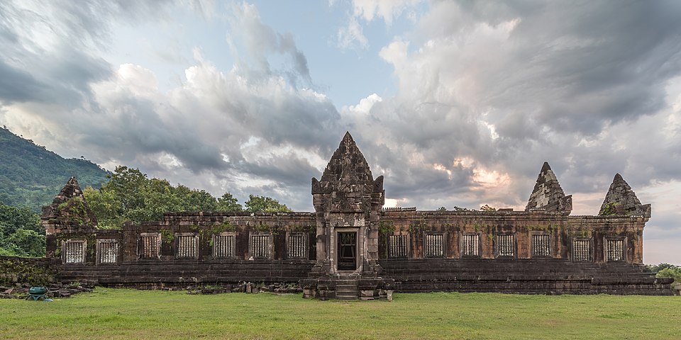 ruined northern palace in the khmer hindu temple complex of wat phou at sunset champasak laos