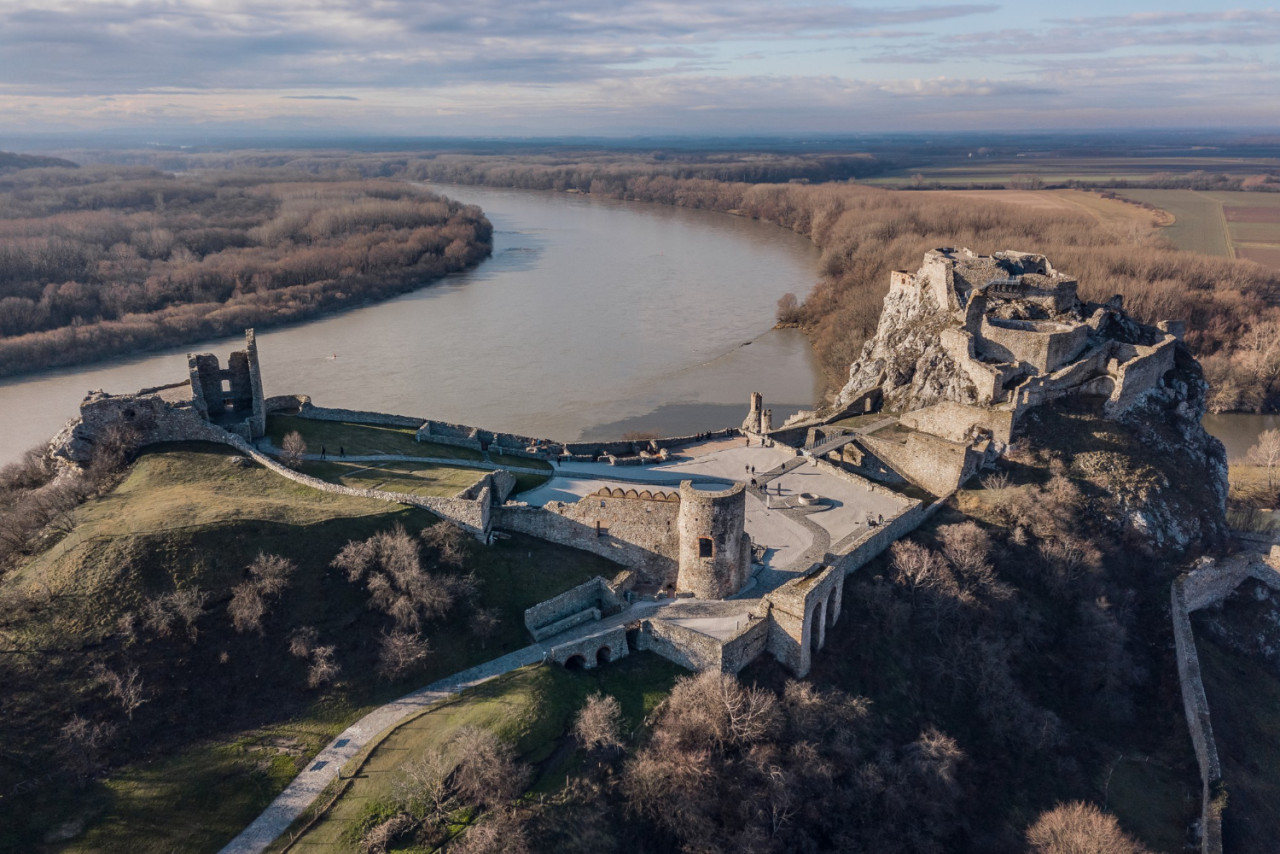 ruins of devin castle in slovakia aerial view