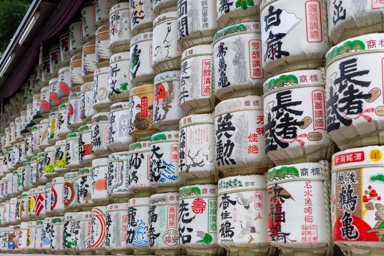sake barrels line up display front meiji shrine s entrance