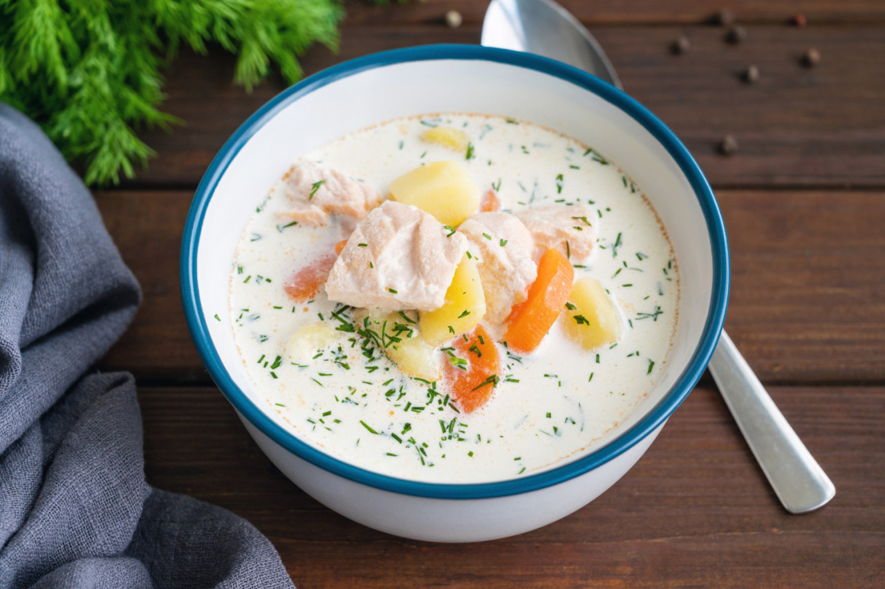 salmon soup with cream potatoes carrots herbs bowl lohikeitto soup