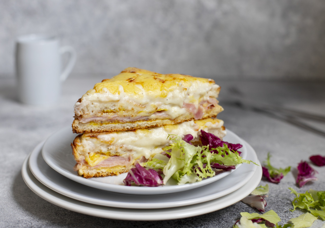 sandwich with ham cheese bechamel sauce traditional french croque monsieur sandwich served white plate gray background close up front view space text 1