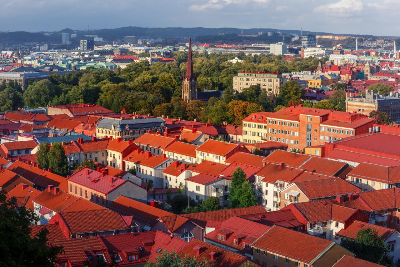 scenic aerial view old town with haga church red roofs sunset gothenburg sweden