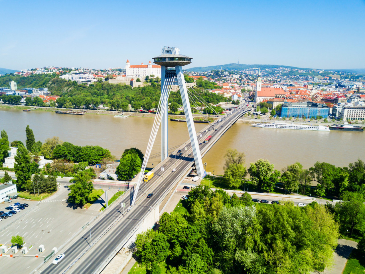 snp new bridge through danude river aerial panoramic view in bratislava bratislava is a capital of slovakia