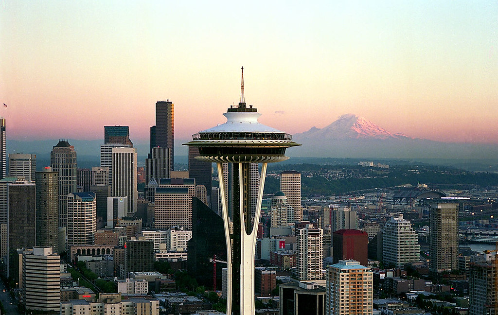 space needle with skyline and mount rainier at sunset 2000