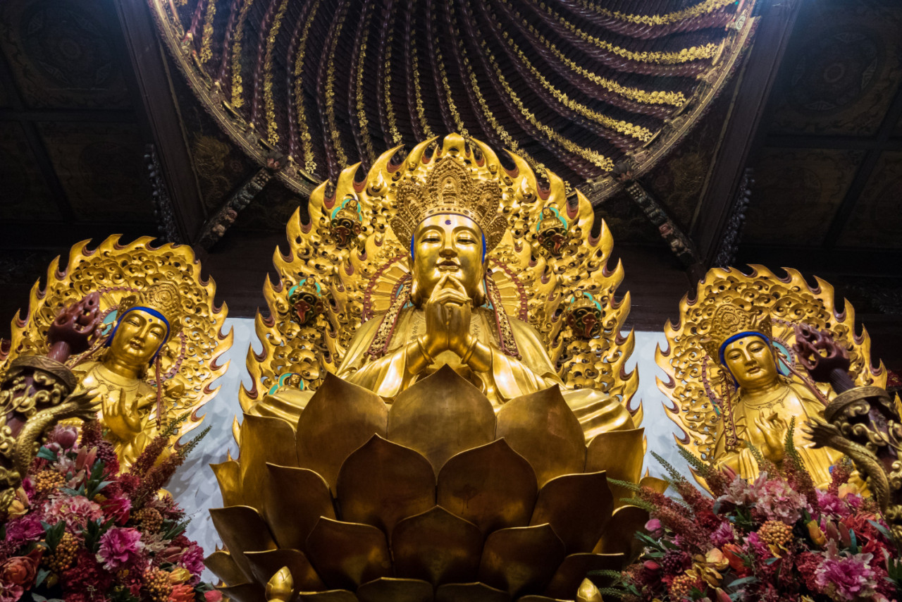 statue buddhist god ancient longhua temple china shanghai