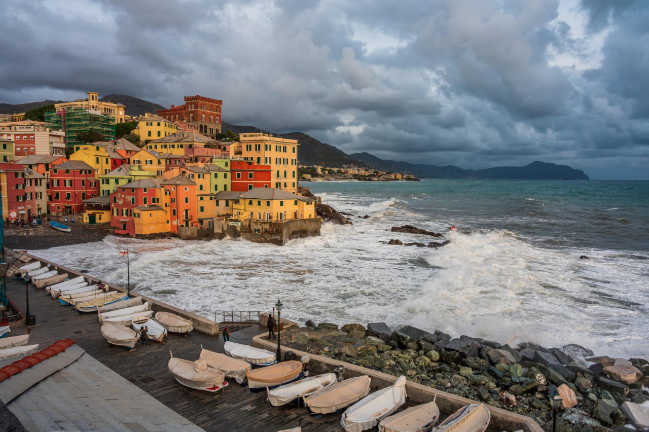 stormy sea fishing village boccadasse center genoa italy