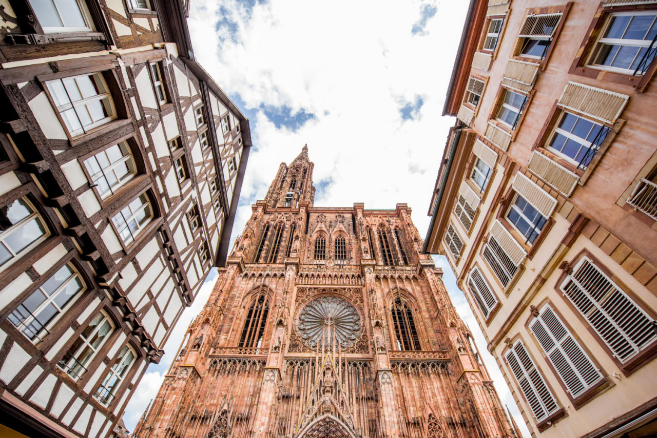 street view from beautiful old buildings notre dame cathedral strasbourg city france