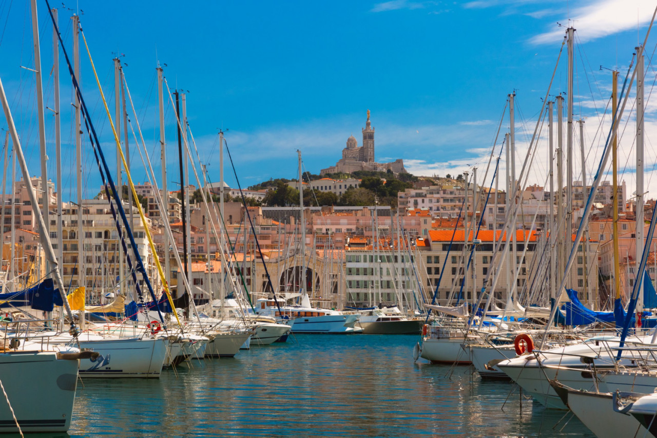 sunny old port basilica notre dame de la garde background hill marseille france