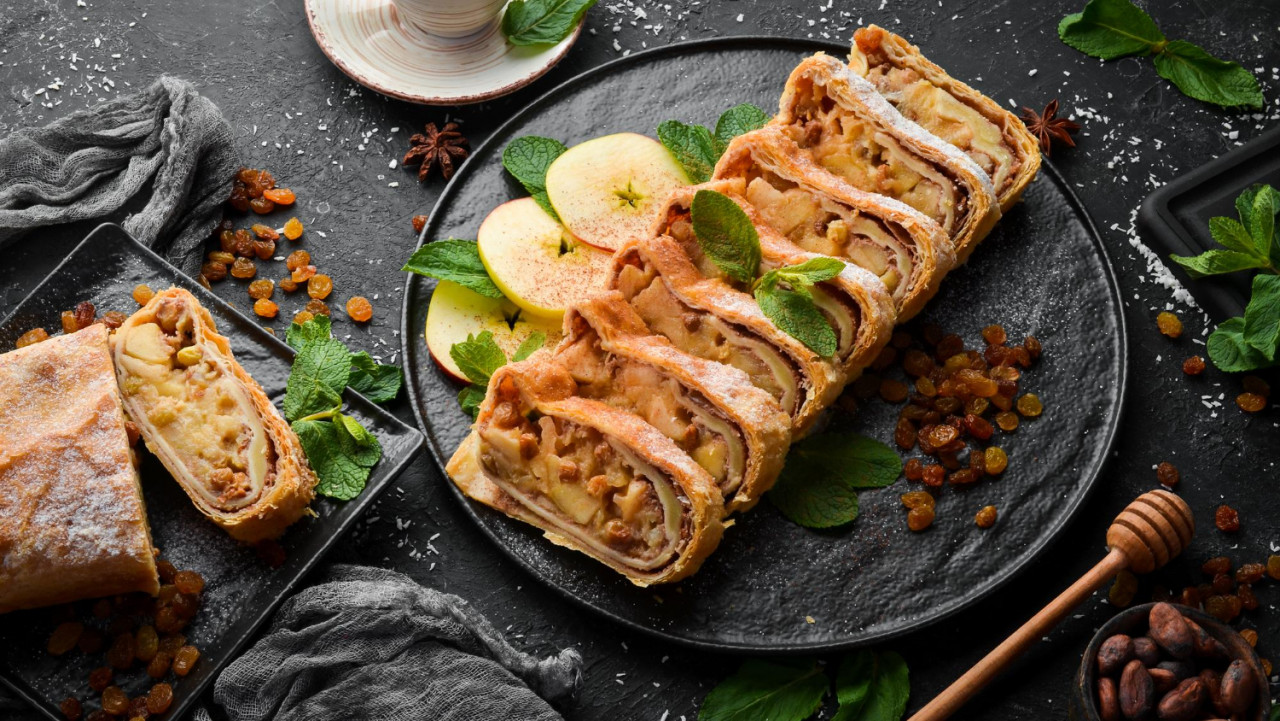 sweet strudel with apples dried fruits top view free copy space 1 1