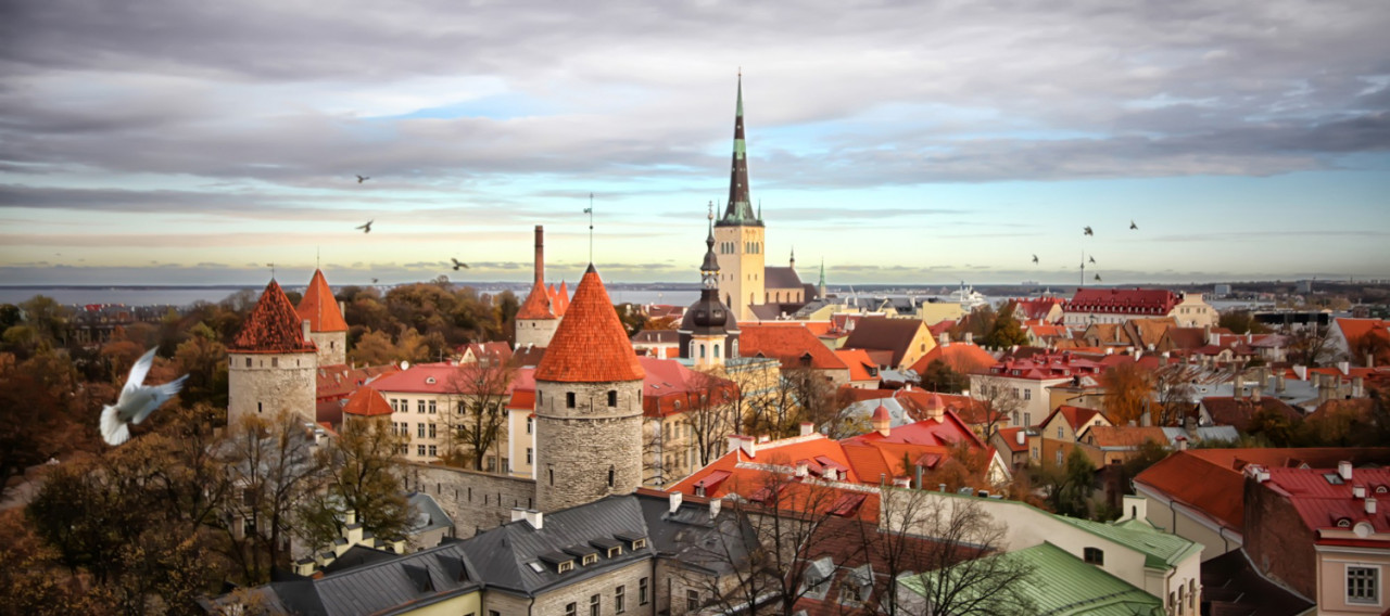 aerial cityscape with medieval old town st olav s baptist church tallinn city wall tallinn estonia medieval walled city baltic sea region northern