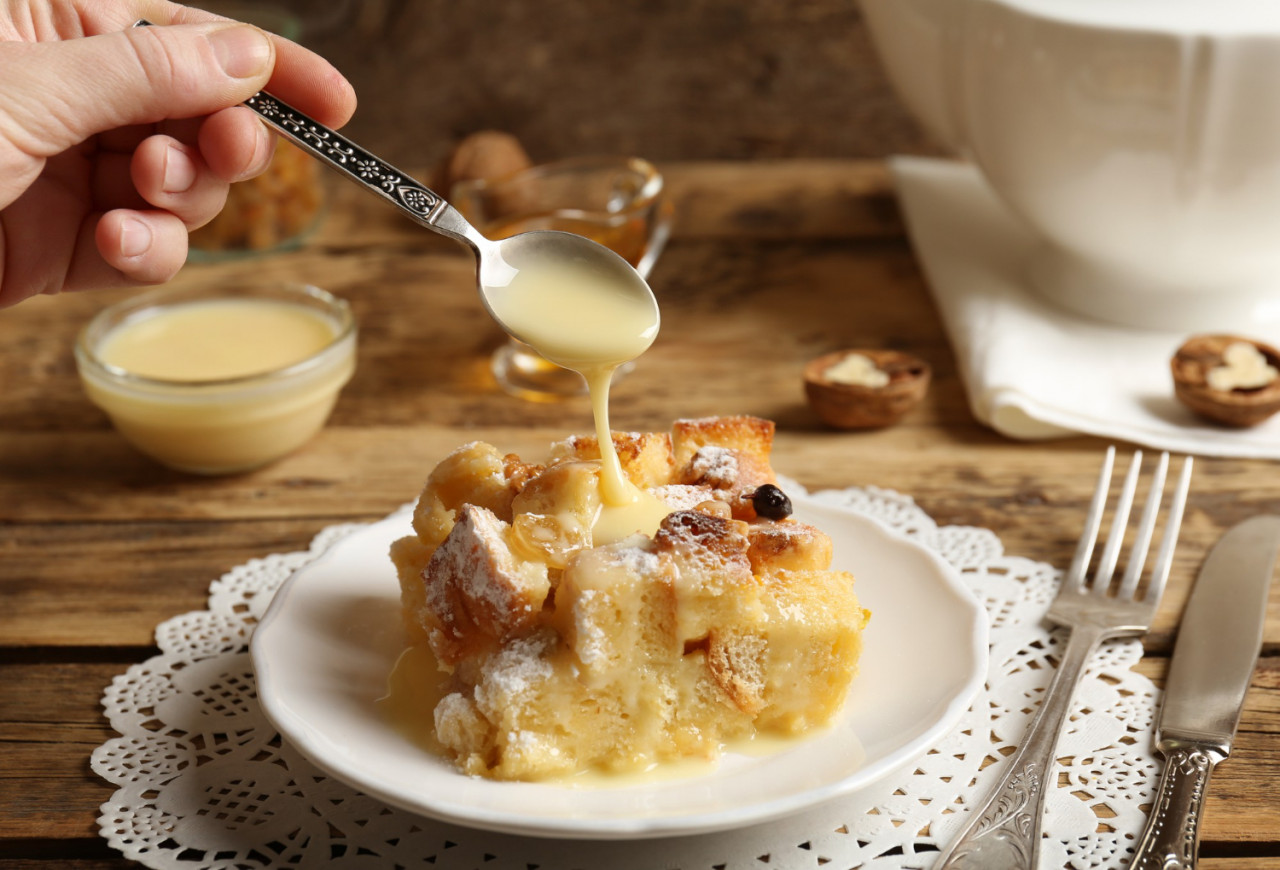 tasty bread pudding with sugar powder plate