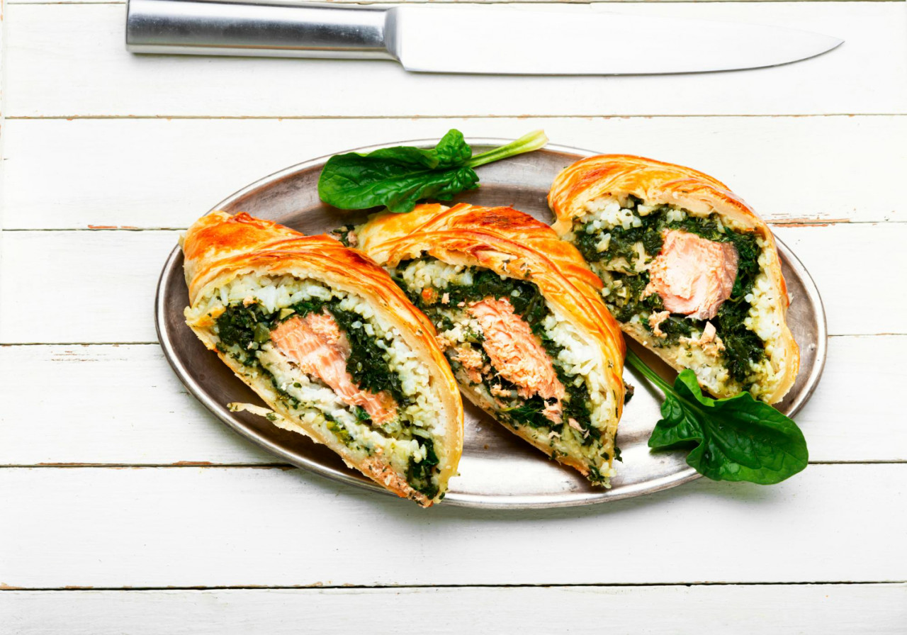 tasty roll with salmon rice spinach fish pie fish wellington
