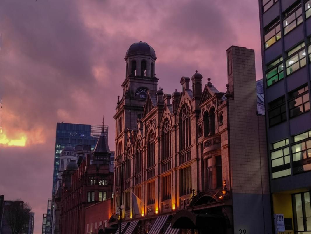 the albert hall in manchester england at dusk