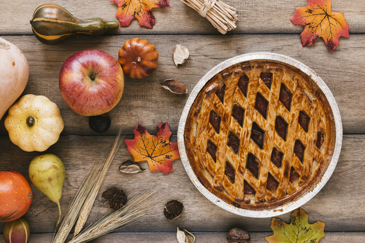 top view autumn composition with pie