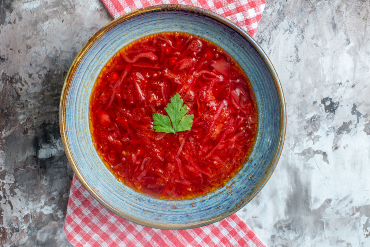 top view delicious borsch ukrainian beet soup inside plate white background