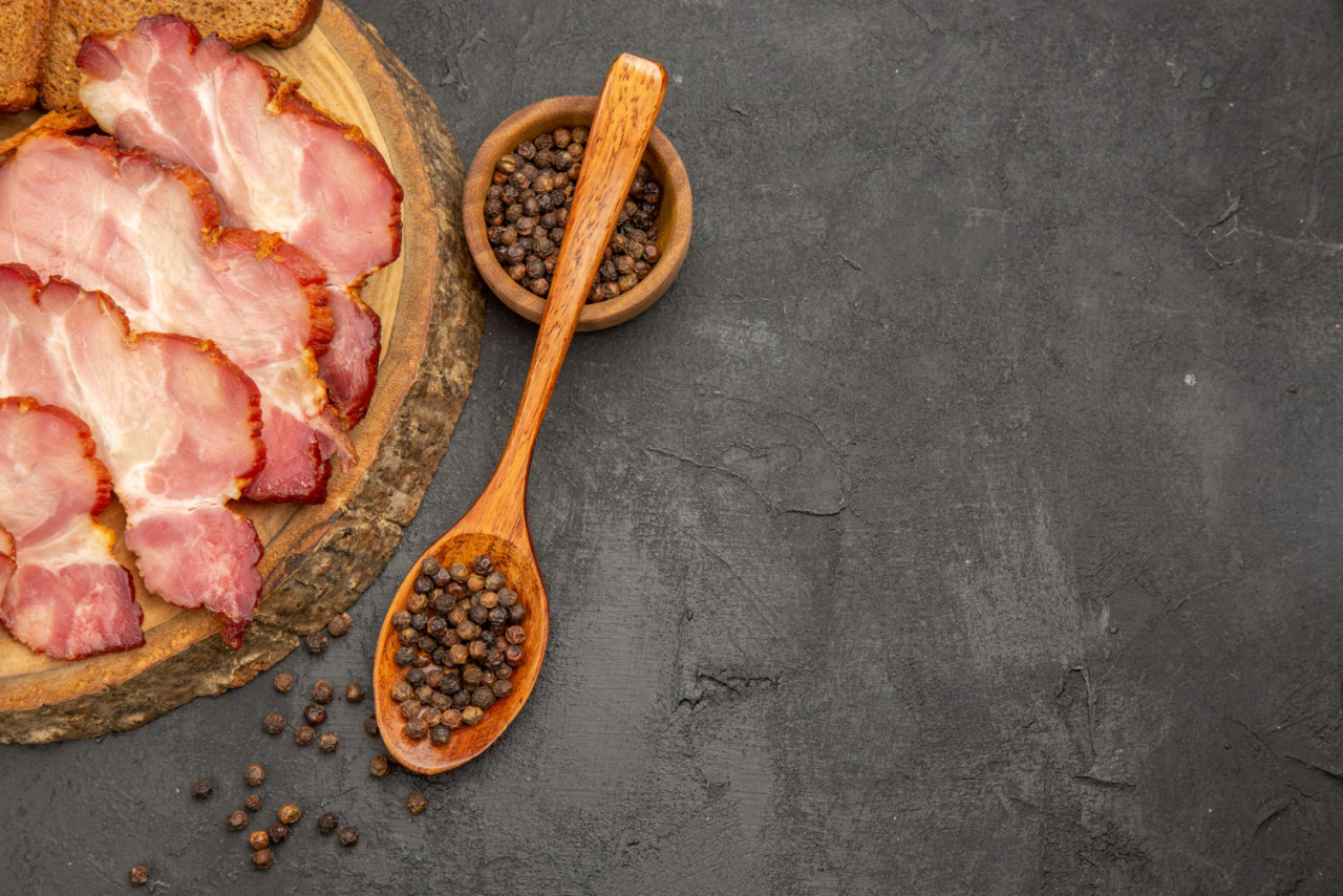 top view fresh ham slices with buns bread slices dark background