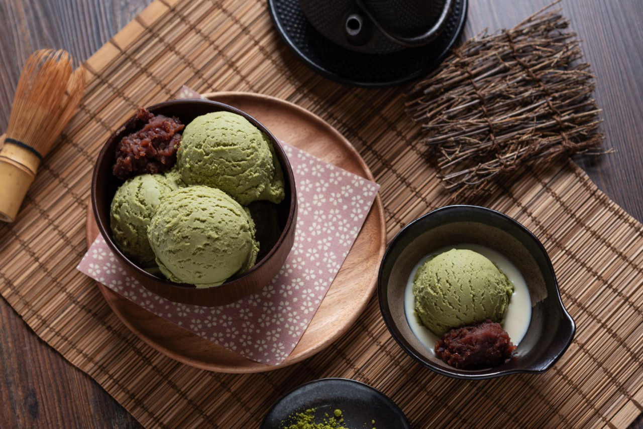 top view homemade green tea matcha ice cream wooden bowl with sweet red bean