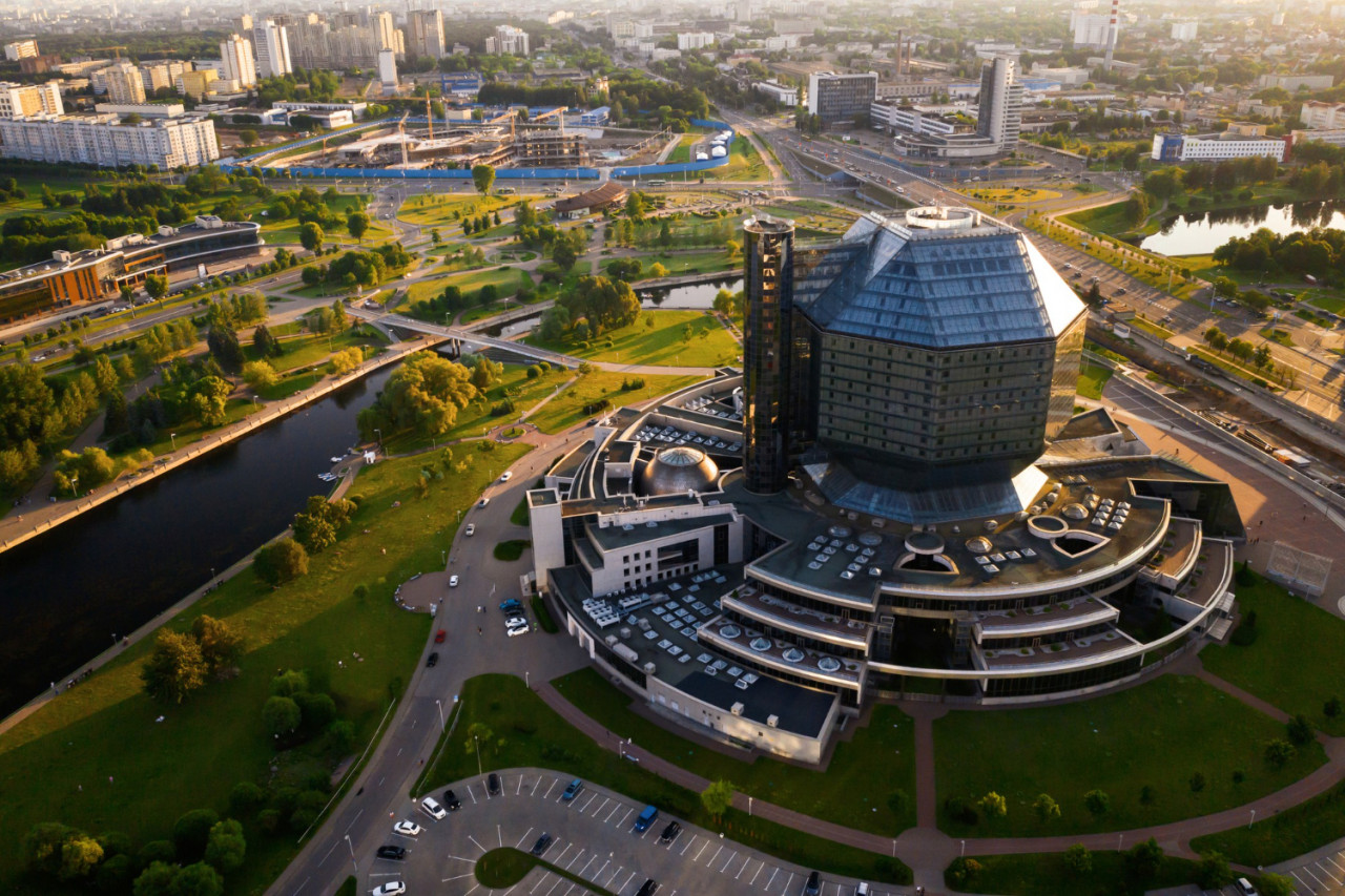 top view national library new neighborhood with park minsk capital republic belarus sunset public building