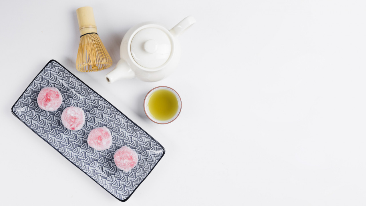 top view of matcha tea and mochis