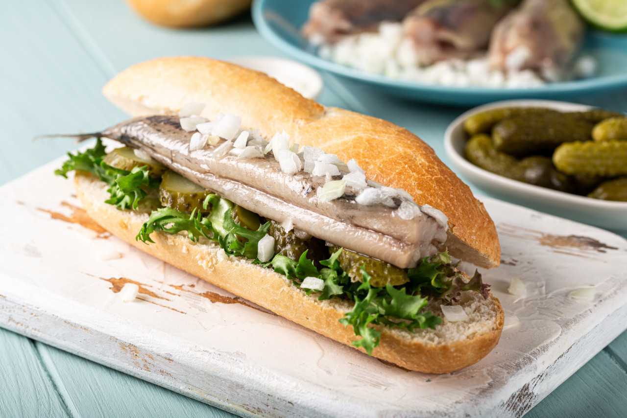 traditional dutch snack seafood sandwich with herring onions pickled cucumber broodje haring close up