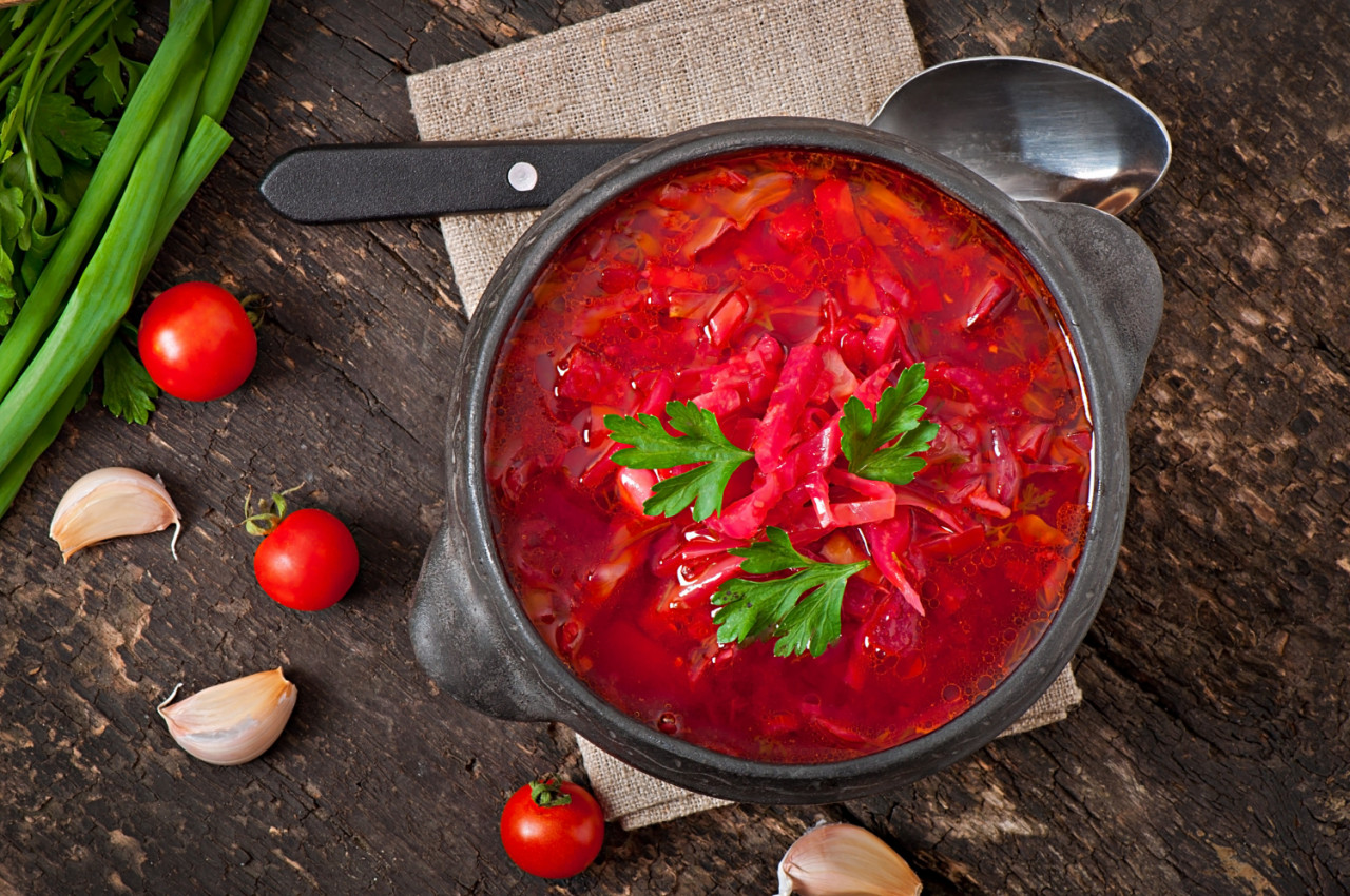 traditional ukrainian russian vegetable borsch old wooden surface