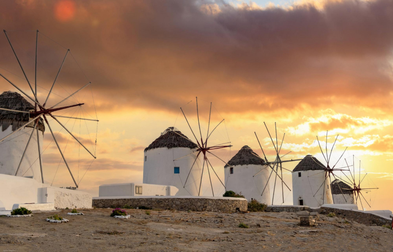 traditional windmills mykonos island landmark sunset cyclades greece