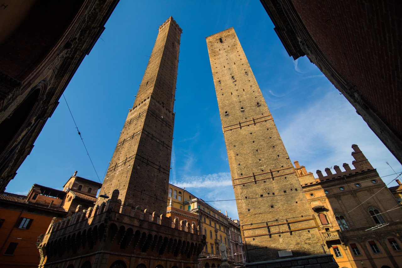 two famous falling towers asinelli garisenda morning bologna emilia romagna italy